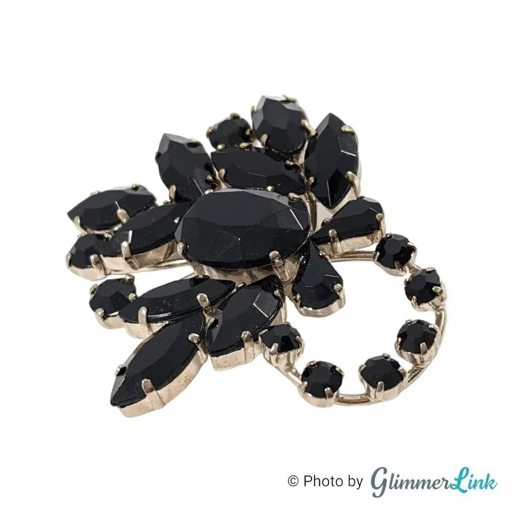 Vintage Western Germany Black Rhinestones Floral Spray Silver Tone Mid Cent